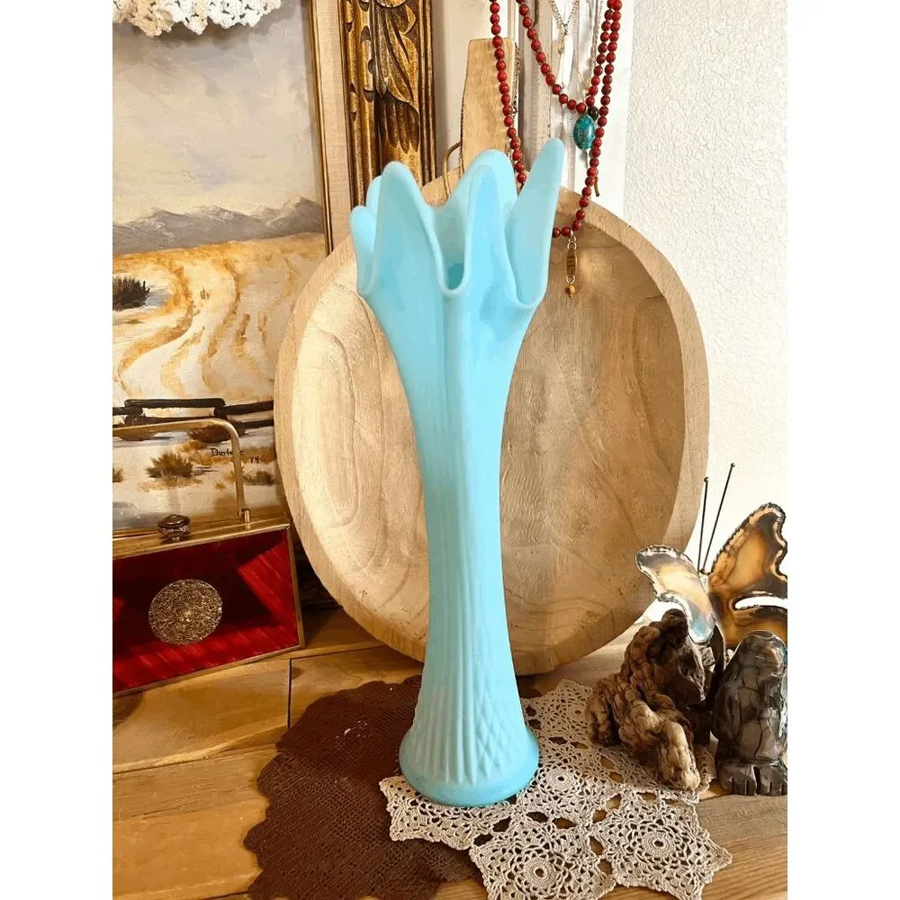 Vintage Fenton Stretch Swung Blue Satin Custard Milk Glass Diamond Pattern Vase